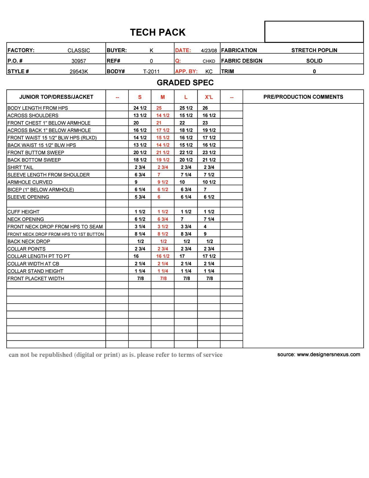 Apparel Size Grading Technical Fashion Design 