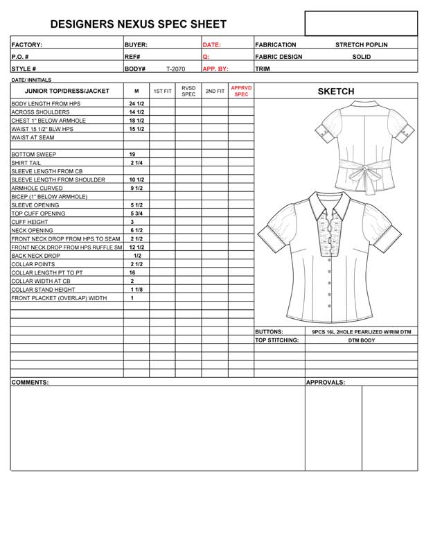 Fashion Apparel Specification Sheet