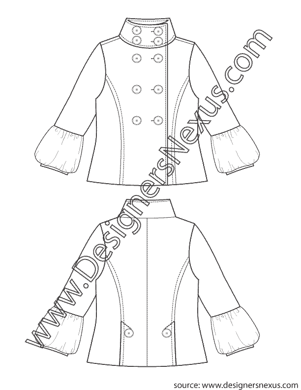 001- apparel flat sketch lantern sleeve pea coat