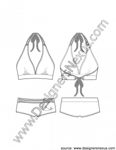 001- swimwear flat sketch V-neck halter bikini boyshort bottom