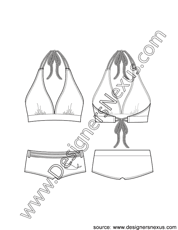 001- swimwear flat sketch V-neck halter bikini boyshort bottom