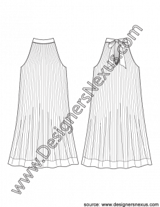 001- apparel flat sketch accordion pleated halter float dress