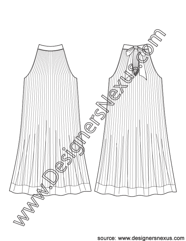 001- apparel flat sketch accordion pleated halter float dress