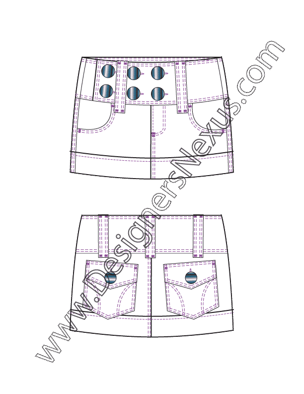 001 garment flat sketch micro mini skirt wide waistband