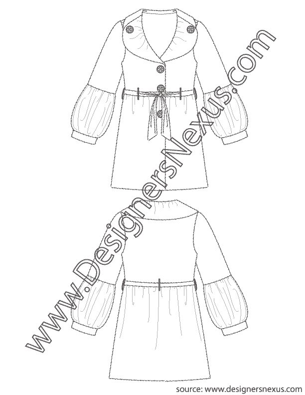 002- fashion flat sketch shawl collar lantern sleeve coat