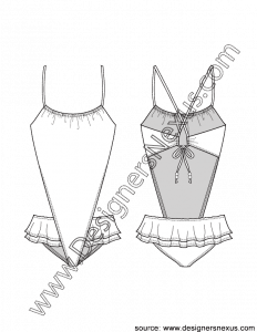 002- swimwear flat sketch V-shaped monokini ruffled skirt