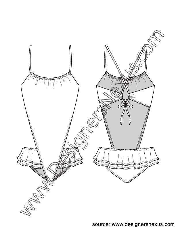 002- swimwear flat sketch V-shaped monokini ruffled skirt