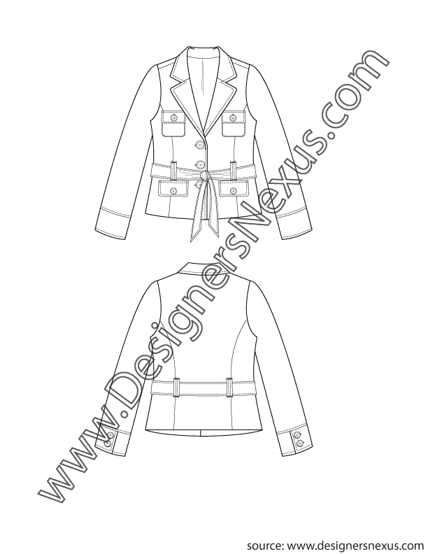 002- fashion flat sketch belted safari jacket