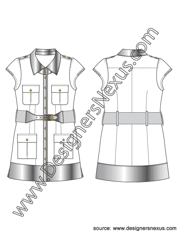 002- tech design flat sketch belted safari shirtdress