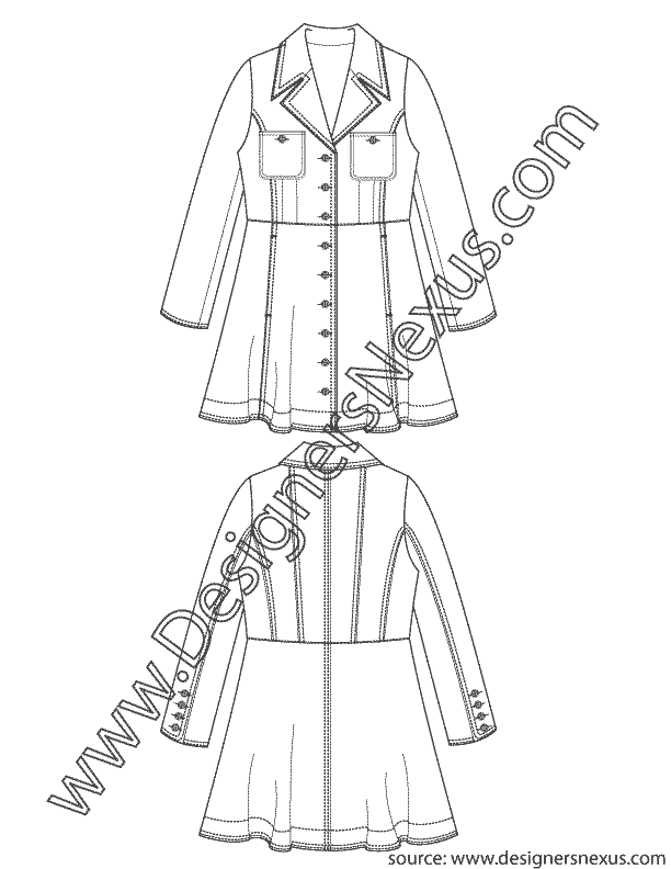 003- fashion design technical flat sketch button front coatdress