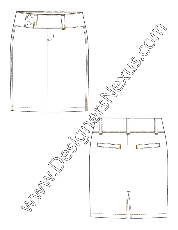 003- fashion flat sketch pencil skirt wide waistband