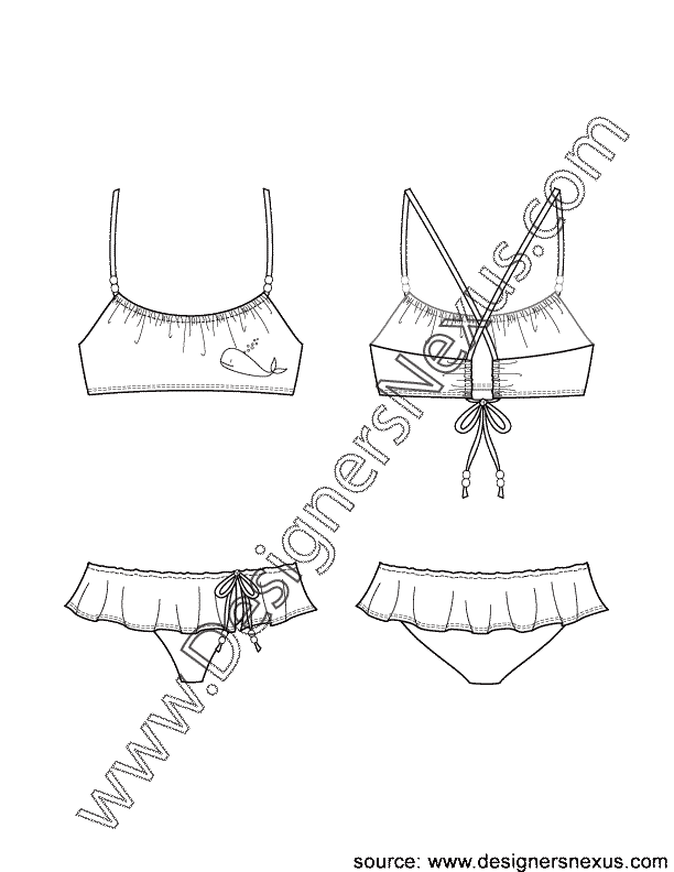 003- swimwear flat sketch ruffle skirt bikini