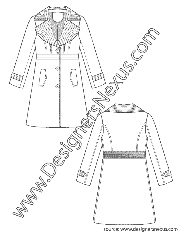 004- Fashion flat sketch trench coat exaggerated notch collar