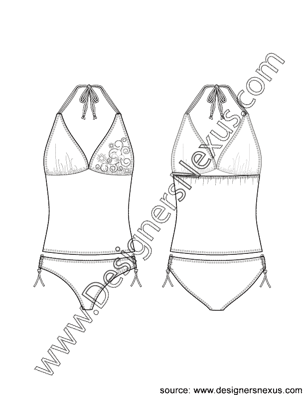 004- swimwear flat sketch v-neck halter tankini