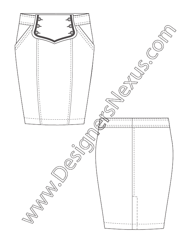 004- apparel design flat sketch fitted pencil skirt sailor waistband
