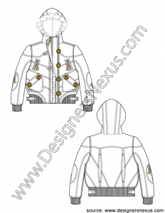 004- fashion flat sketch fur hooded puffer jacket sketch