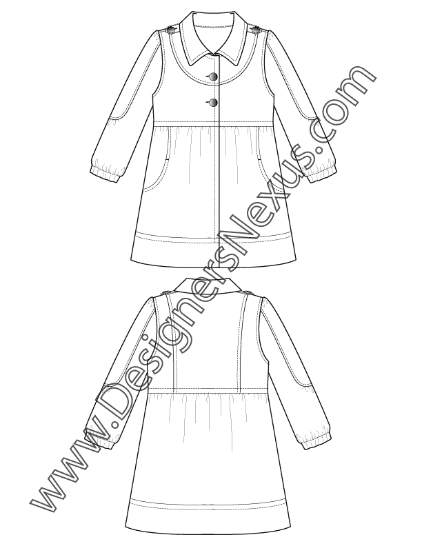 Flat Sketch V5 Coatdress with Bib Seam and Gathered Waist Seam ...