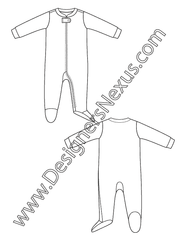 005- childrens apparel flat sketch newborn infant one-piece sleepwear pajamas