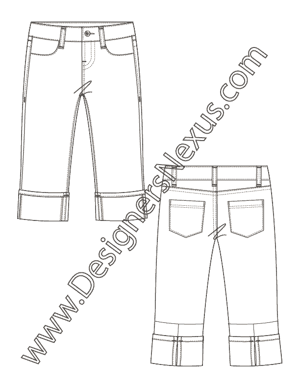 005- fashion flat sketch of cuffed capri pants