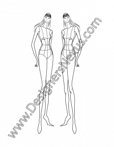 005- female fashion design croqui template three-quarter front pose