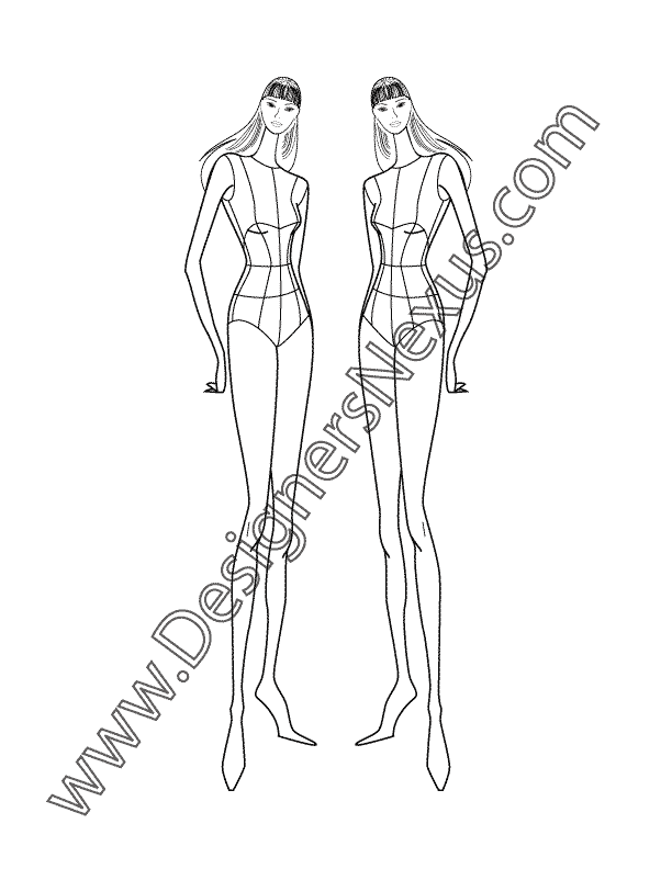 005- female fashion design croqui template three-quarter front pose