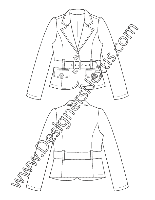 006- belted notch collar blazer fashion flat sketch