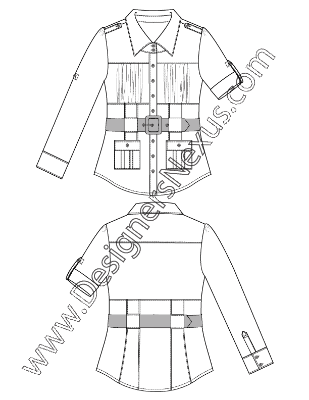 006- fashion flat sketch belter safari shirt roll cuff sleeve