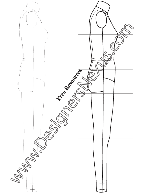 006- full body female dress form fashion template side view sketch