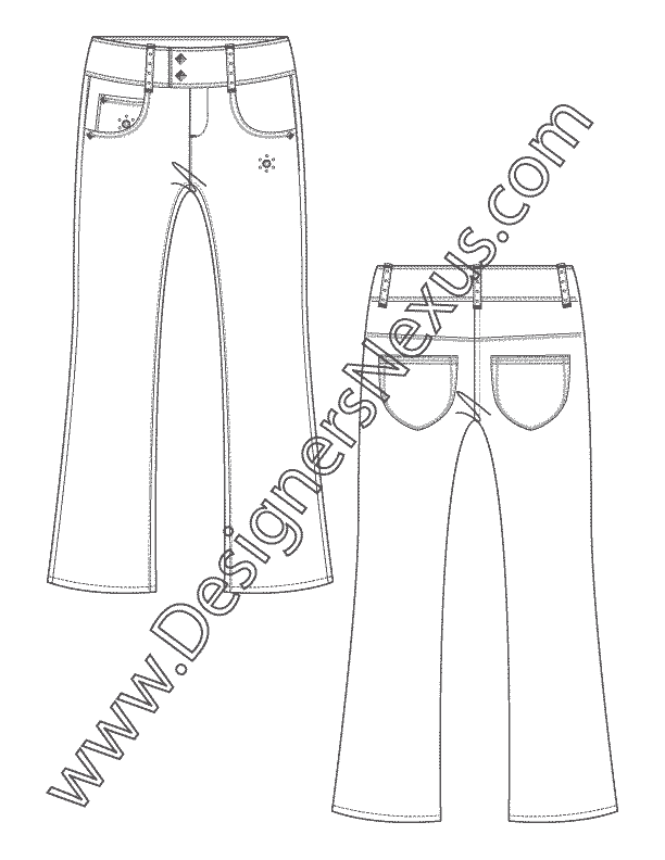007- 5-pocket bootleg jean pants fashion flat sketch
