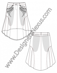 007- fashion flat sketch high-low hem gored skirt