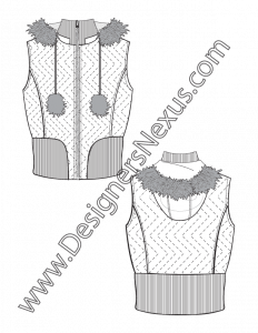 007- flat fashion sketch vest with fur trim hood zigzag quilting