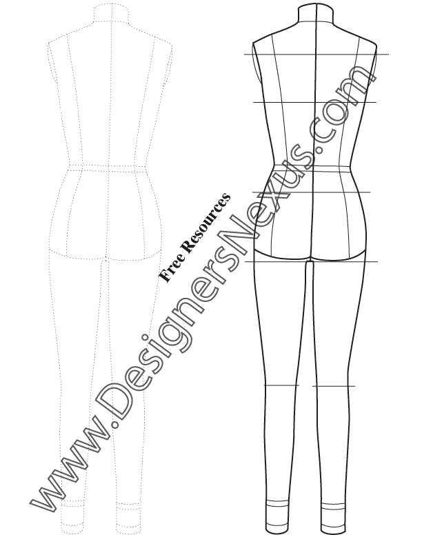 007- Full Body Female Dress Form Template Sketch Back View