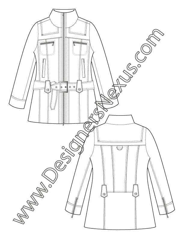 008 fashion flat sketch belted funnel collar coat