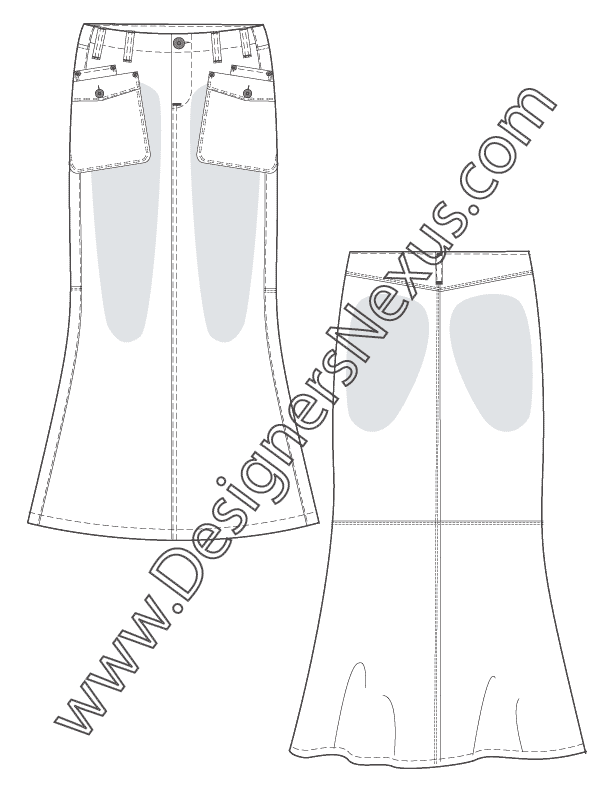 Skirt Flat Sketch V8 Full Length Trumpet Hem Maxi Skirt Sketch In Denim With Sandblasting Designers Nexus