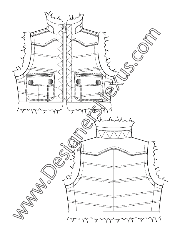 008- tech design flat sketch cropped quilted vest fur trim