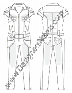 008- zip-front short sleeve denim one-piece jumpsuit fashion flat sketch