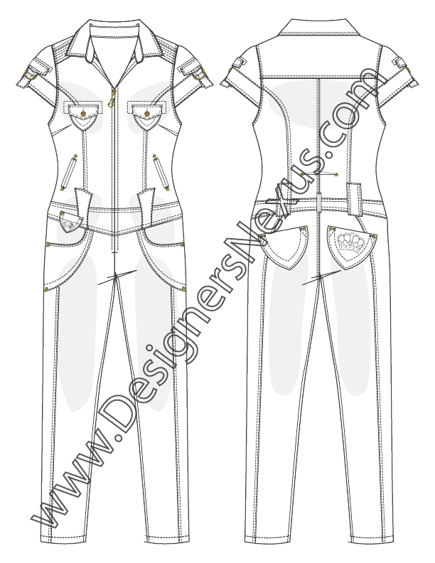 008- zip-front short sleeve denim one-piece jumpsuit fashion flat sketch