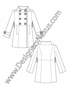 009- technical flats sketch double breasted funnel collar retro coat