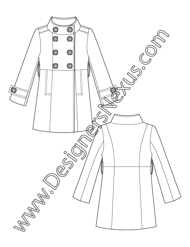 009- technical flats sketch double breasted funnel collar retro coat