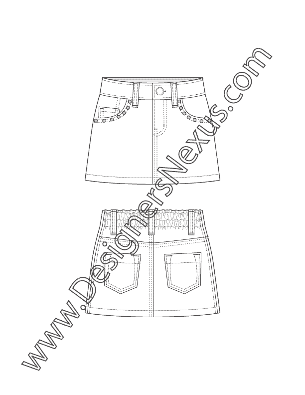 Childrenswear Apparel Flat Sketch 5-Pocket Skirt with Studded Pockets ...