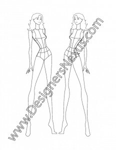 009- female fashion figure template three-quarter pose