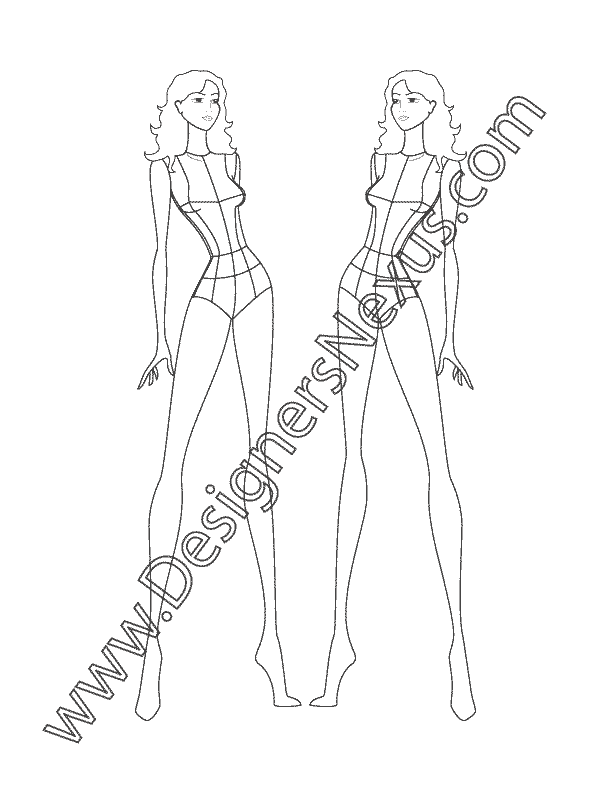 009- female fashion figure template three-quarter pose