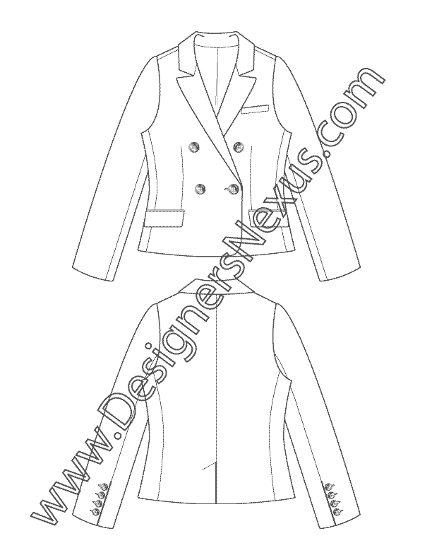 009- Fashion Flat Sketch Double Breasted Blazer Suit Jacket