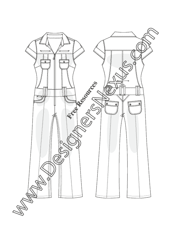 Illustrator Fashion Flat Sketch V9 Wide Leg Denim One Piece Jumpsuit With Short Sleeves Designers Nexus