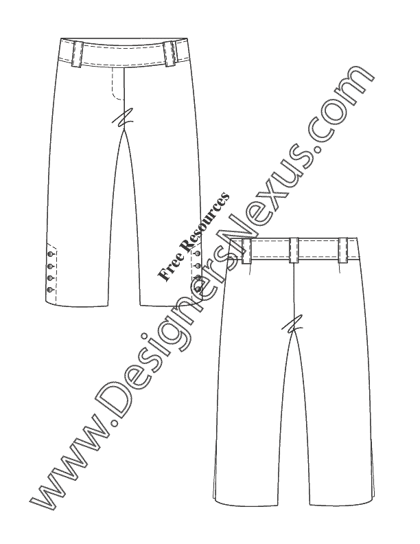 010- pants flat sketch capris with bottom hem detail opening