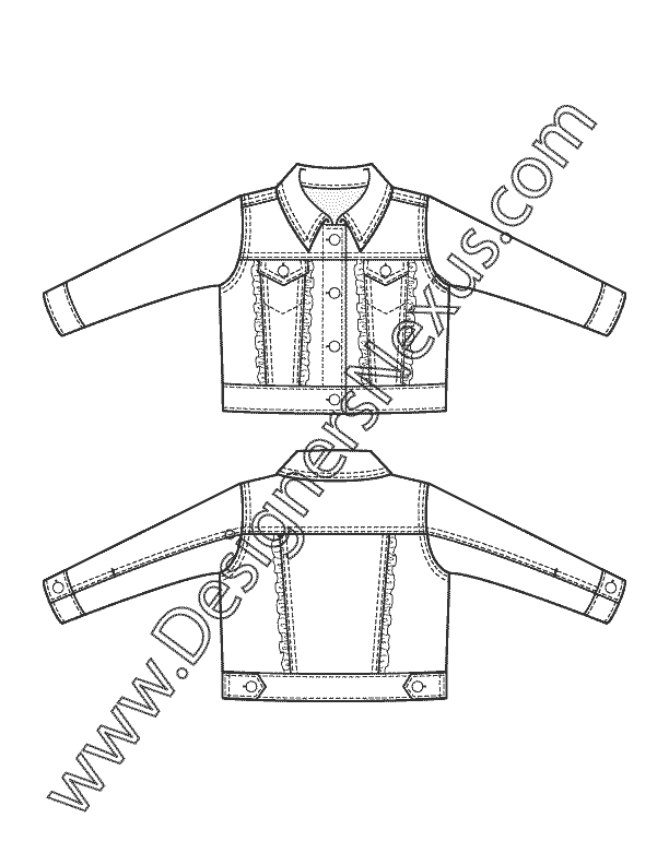 011- childrens apparel flat sketches infant newborn baby denim jean jacket ruffle trim