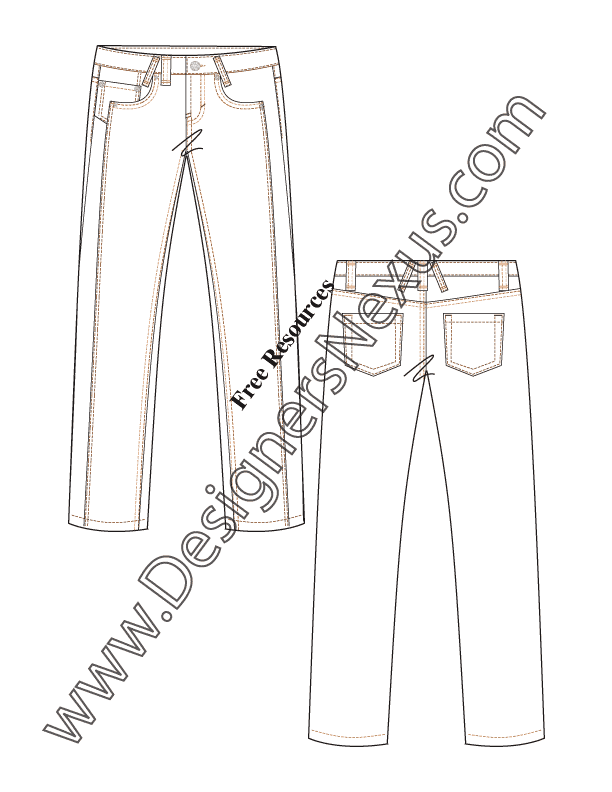011- fashion flat sketch straight leg jeans with leg detail seam