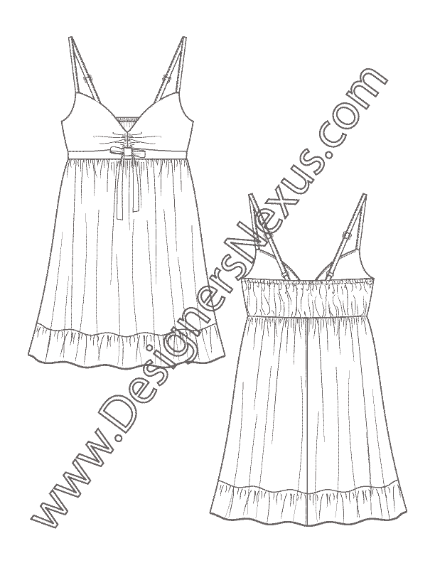 011- Technical flats sketch babydoll tank dress sweetheart neckline ruffle hem