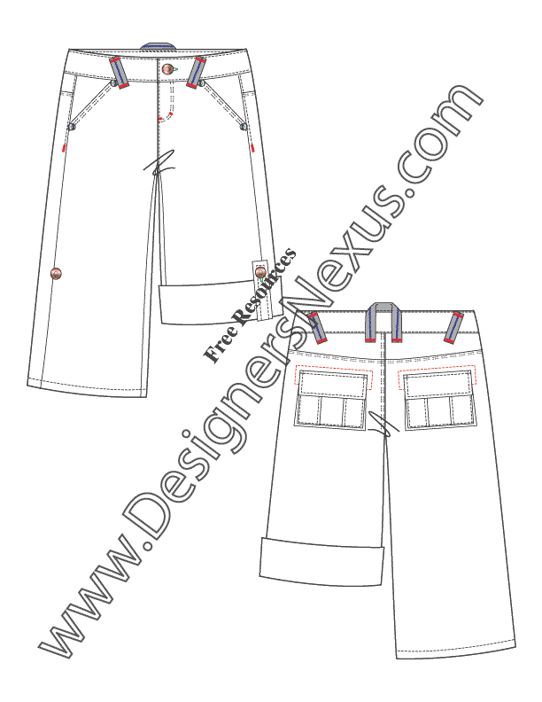 Technical Fashion Flat Sketch Roll-Cuff Bermuda Shorts V12 - Designers ...