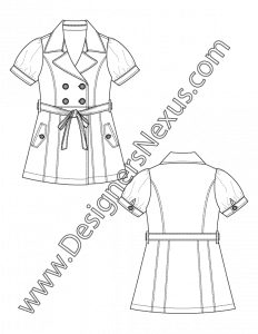 012- technical flat sketch banded puff sleeve trench-style coatdress